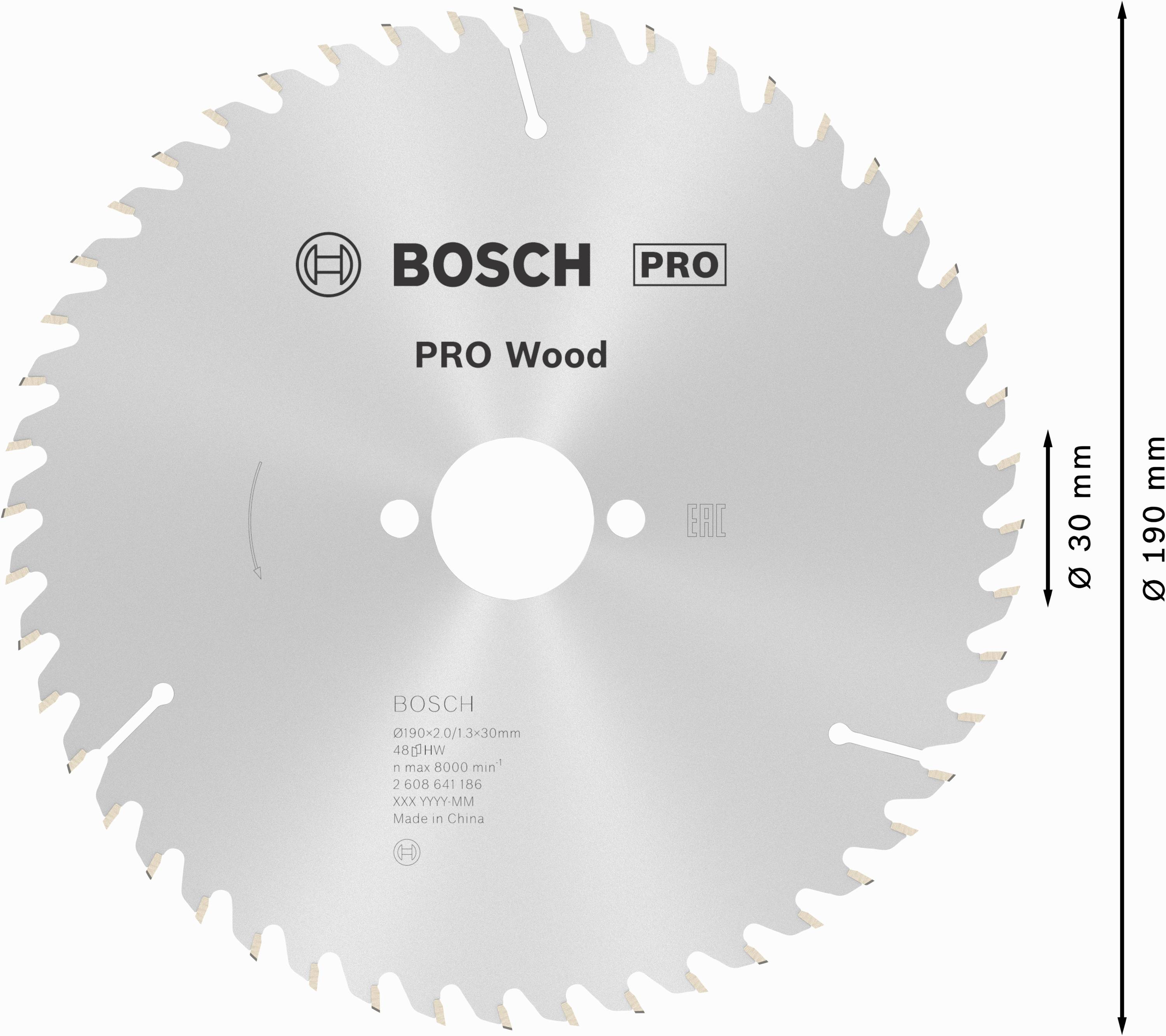 Kreissägeblatt mit 48 Zähnen, geeignet für Holz. Aufdruck: 'BOSCH PRO Wood', Durchmesser '190 mm', Bohrungsdurchmesser '30 mm'.