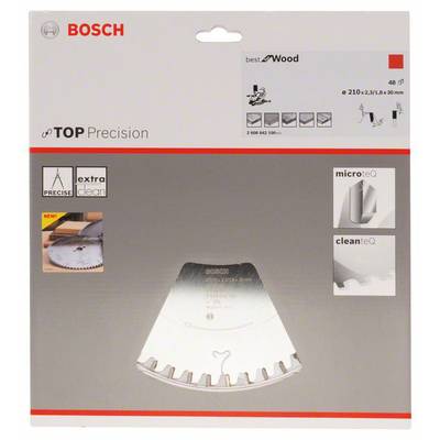 Produktverpackung für ein Bosch Sägeblatt, geeignet für Holz, mit 'extra clean'-Technologie. Abgebildet ist das Blatt und Produktinformationen.