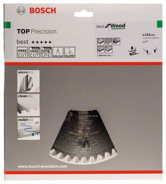 Verpackung einer Bosch Kreissägeblatt mit der Bezeichnung 'TOP Precision best for Wood'. Merkmale sind einfache und saubere Schnitte sowie lange Lebensdauer.