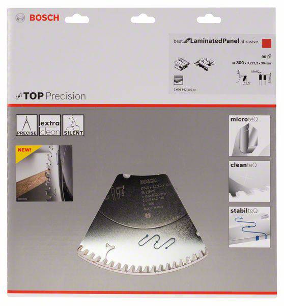 Die Verpackung zeigt ein Bosch Kreissägeblatt 'Top Precision' mit Technologien 'microteq', 'cleanteq' und 'stabilteq' für Laminat.