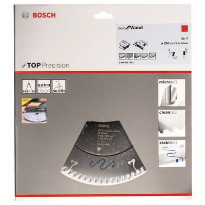 Verpackung für ein Bosch Kreissägeblatt, geeignet für Holz. Merkmale: präzise, extra sauber, leise. Produktbild und Spezifikationen.