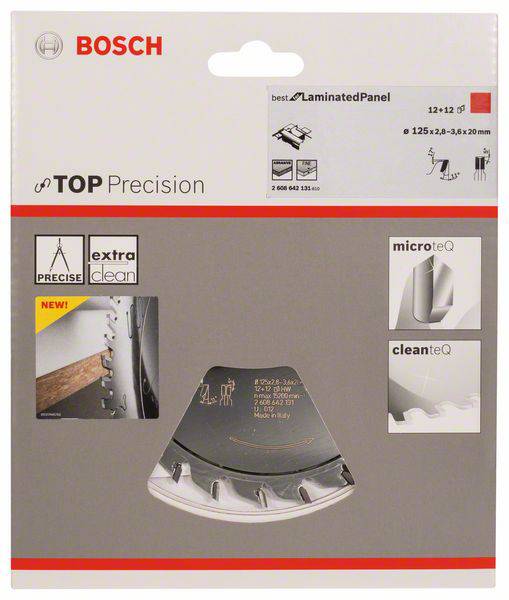 Eine Bosch-Verpackung für ein Sägeband 'TOP Precision', geeignet für Laminatplatten, mit 'microteQ' und 'cleanteQ' Technologien.