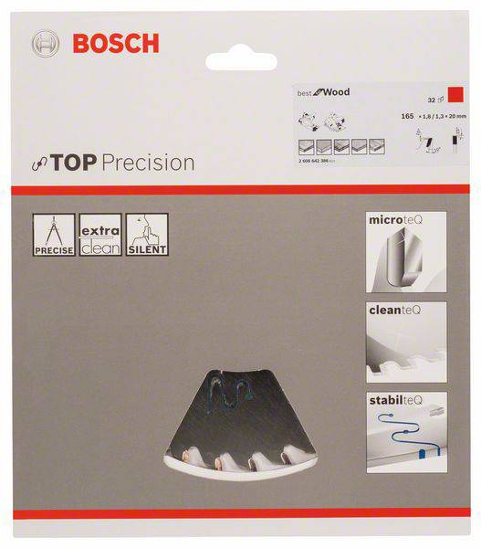 'Bosch TOP Precision' Kreissägeblatt-Verpackung mit Fokus auf 'präzise', 'extra sauber', 'leise'. Zeigt Technologie und Anwendungsvorteile.