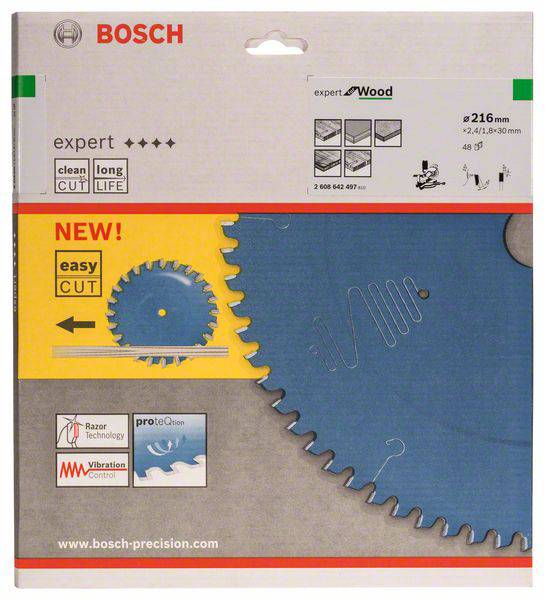 'Sägeblattverpackung von Bosch für Holzarbeiten. Enthält Informationen zu Dimensionen: Ø 216 mm, und Technologie: clean cut, long life.'