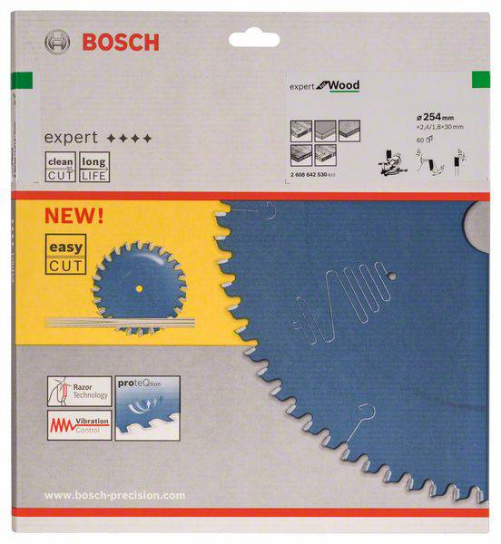 'Bosch Kreissägeblatt, 254 mm, geeignet für Holz. Merkmale: Expert für Wood, Easy Cut, Razor Technology, lange Lebensdauer.'
