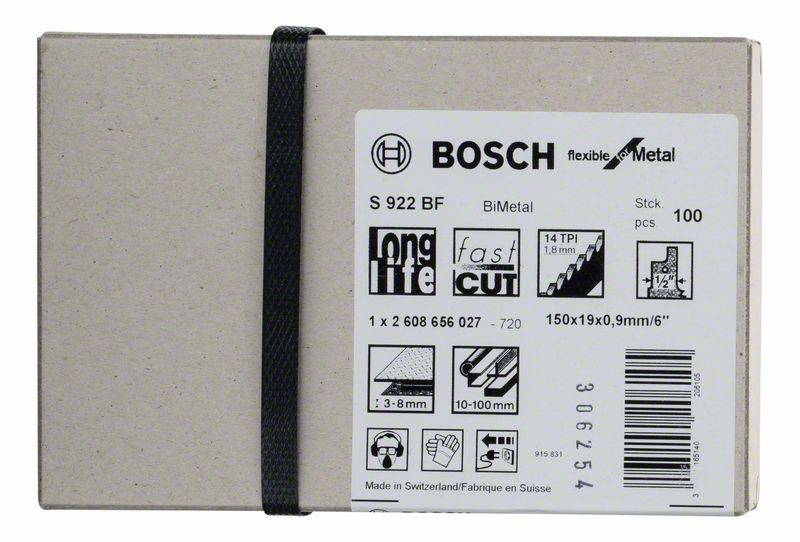 Verpackung einer Bosch S 922 BF Metall-Sägeblätter, Bi-Metall, 100 Stück. Verschiedene Schneidstärken, hohe Lebensdauer.