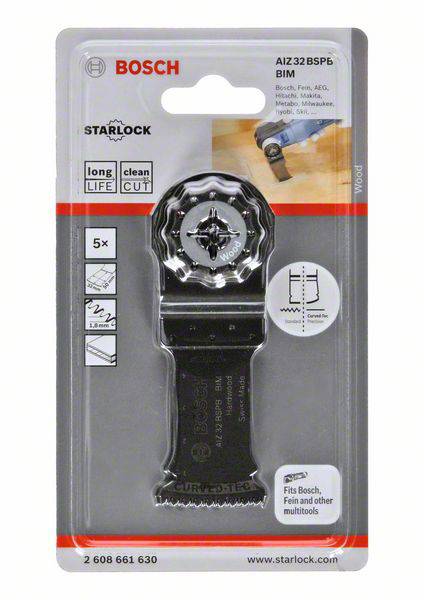 Verpackung für Bosch Starlock Sägeblatt AIZ 32 BSPB, geeignet für verschiedene Multitools, mit 'long life' und 'clean cut'.