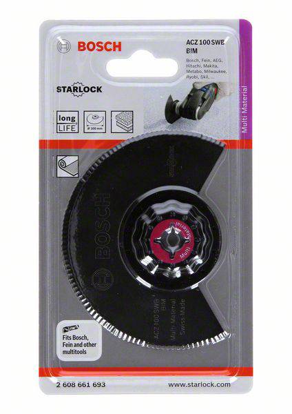Verpackung eines Bosch Sägeblatts mit Starlock-System. Geeignet für viele Multitools. Beschriftet mit 'long life' und 'multi material'.