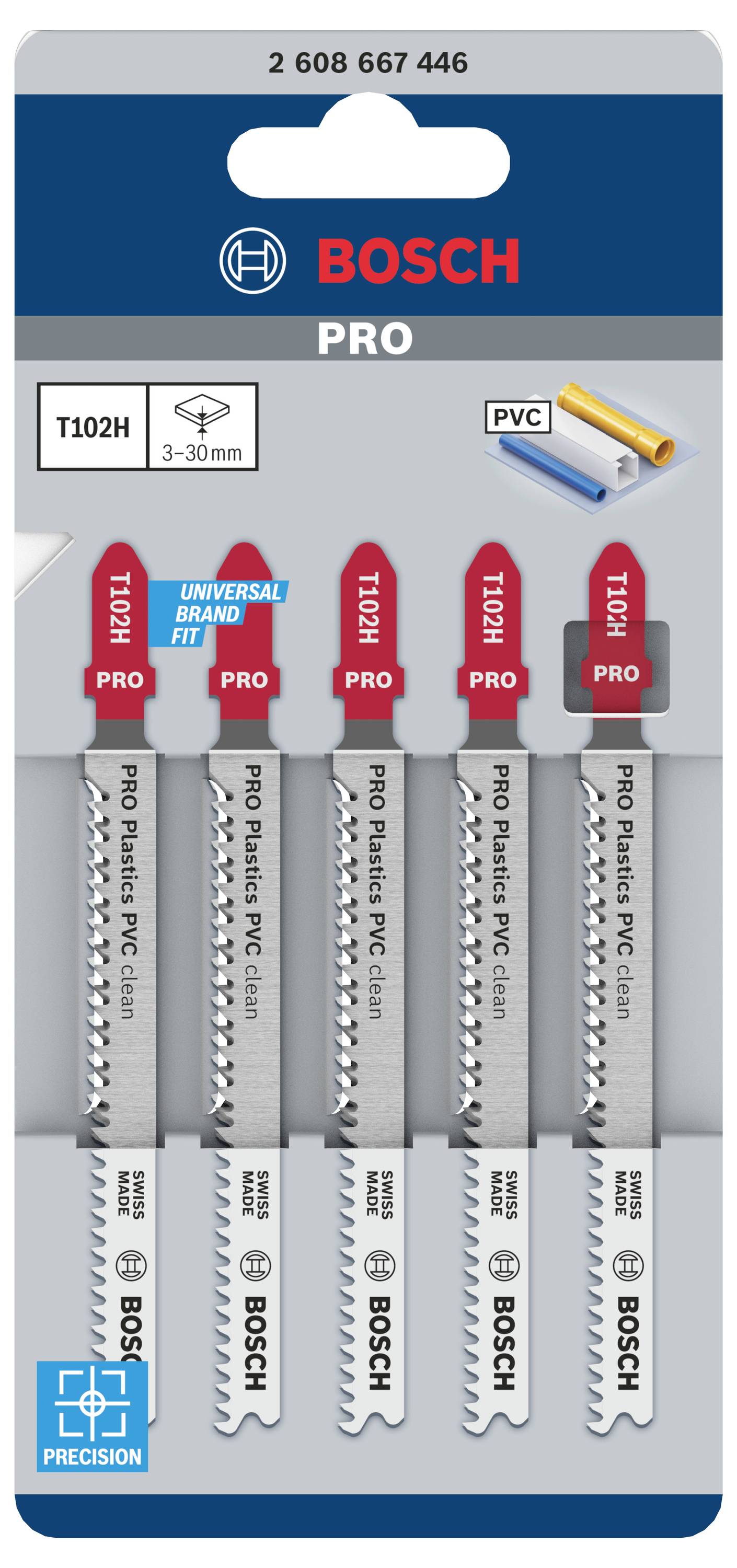 Verpackung mit fünf Bosch Stichsägeblättern für PVC, Typ Pro, in verschiedenen Farben. Geeignet für 3-30 mm Materialdicke.