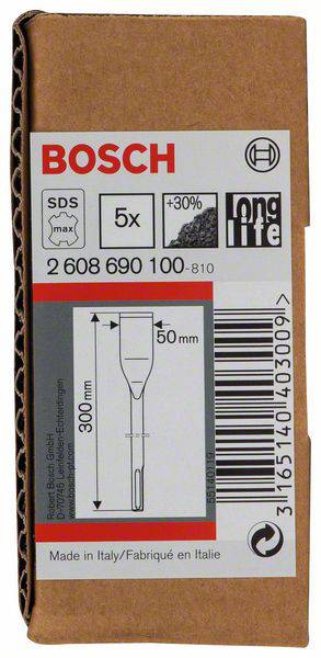 Die Verpackung zeigt einen Bosch-Flachmeißel, 300 mm lang und 50 mm breit, mit SDS-Aufnahme. 'Made in Italy' ist vermerkt.