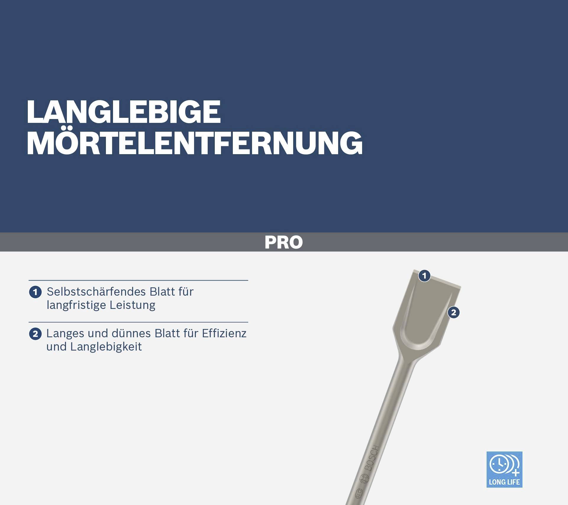 'Selbstschärfendes Blatt für langfristige Leistung. Langes, dünnes Blatt für Effizienz und Langlebigkeit.' Mörtelentfernungswerkzeug.