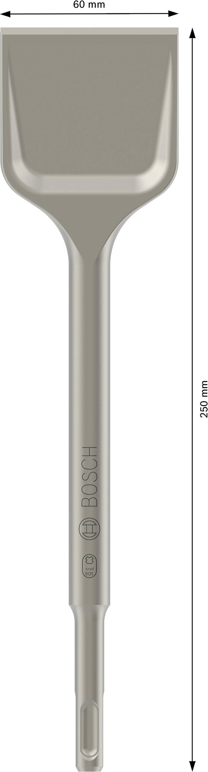 Ein Flachmeißel von Bosch, 60 mm breit und 250 mm lang, geeignet für Präzisionsarbeiten in Beton und Mauerwerk.