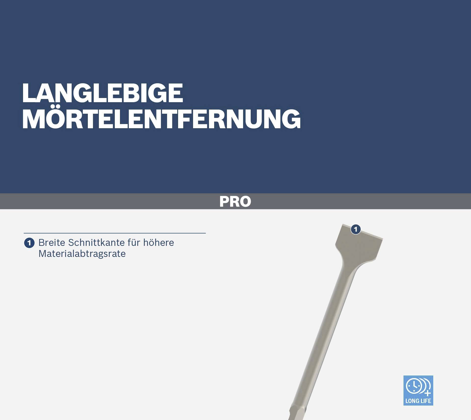 'Langlegige Mörtelentfernung Pro'. Bild eines Werkzeugs mit breiter Schnittkante für höhere Materialabtragsrate.