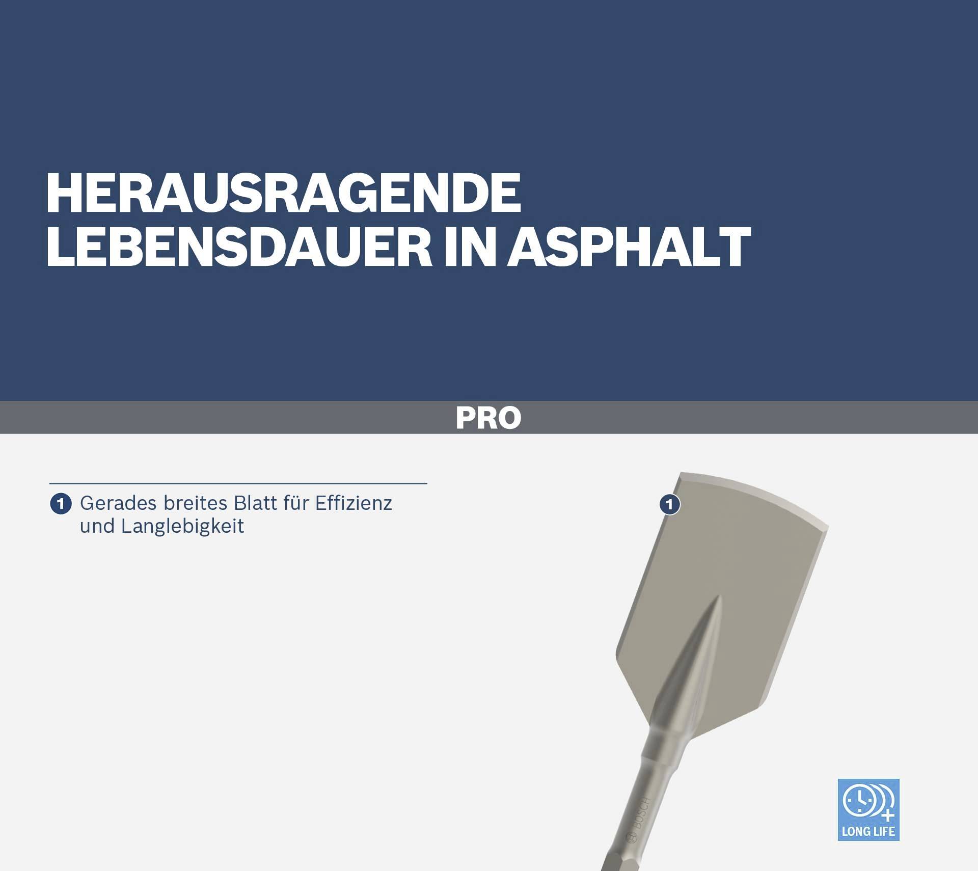 'Schaufel mit breit geformtem Blatt für Effizienz und Langlebigkeit, hervorgehoben in einem Werbebild mit Betonung auf Asphalt-Verwendung.'