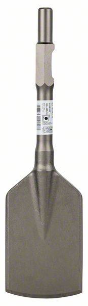 Ein grauer Flachmeißel mit sechseckigem Schaft und Etikett am Griff, geeignet für Abbruch- oder Renovierungsarbeiten.