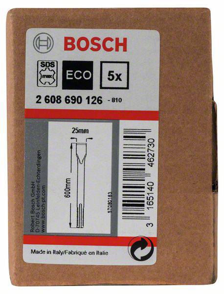 Kartonverpackung mit Bosch-Logo, enthält 5 SDS-Bohrer, 25mm Durchmesser, 600mm lang. Text: 'Made in Italy'.