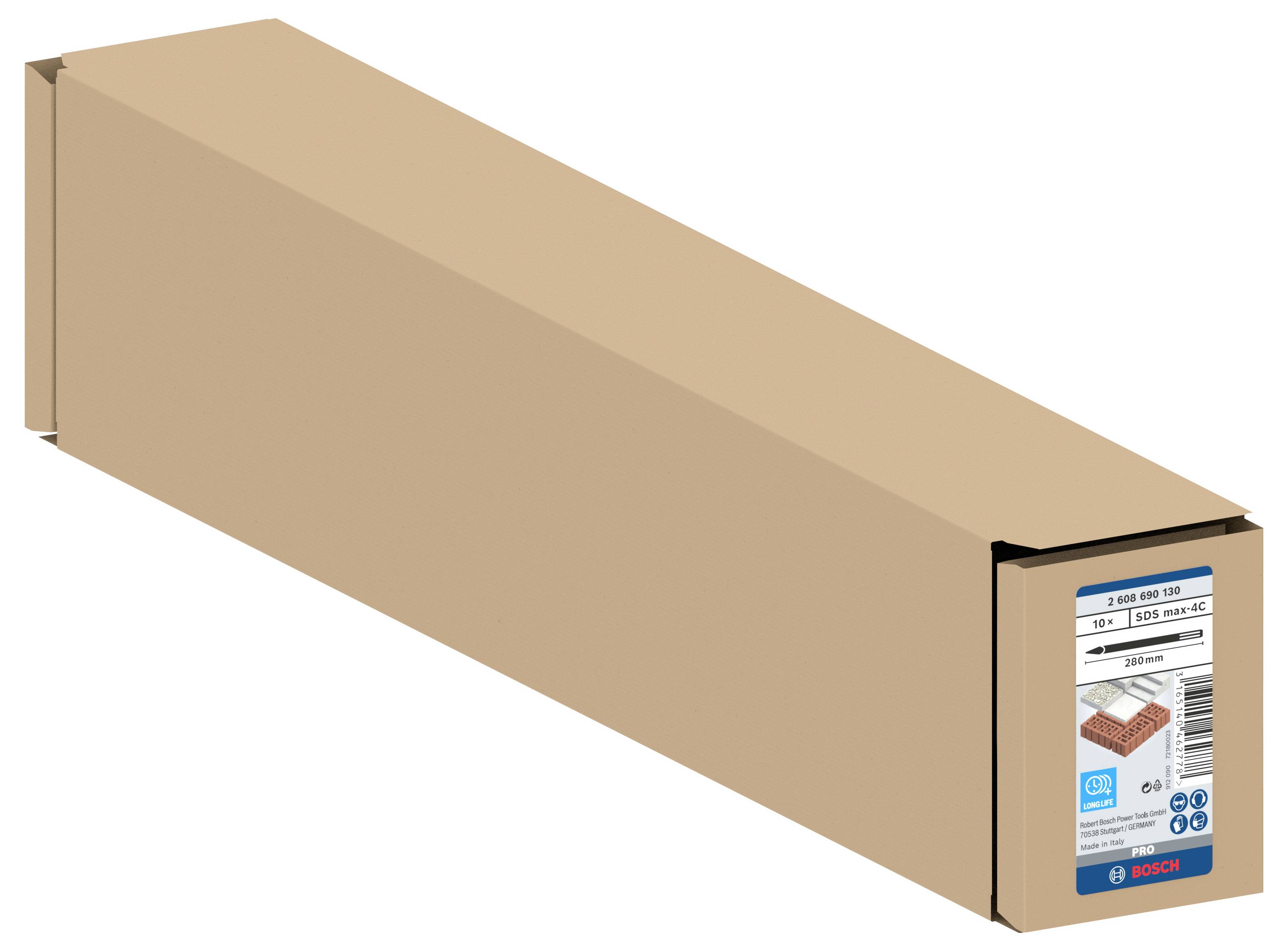 Eine lange, rechteckige Verpackung für Bosch-Ziegelbohrer, beige, mit Etikett, das Produktdetails und Kompatibilität zeigt.