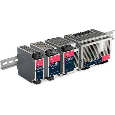 Verschiedene Schaltnetzteile von TRACO Power auf einer Montagehalterung, in unterschiedlichen Größen, zur Stromversorgung in industriellen Anwendungen.