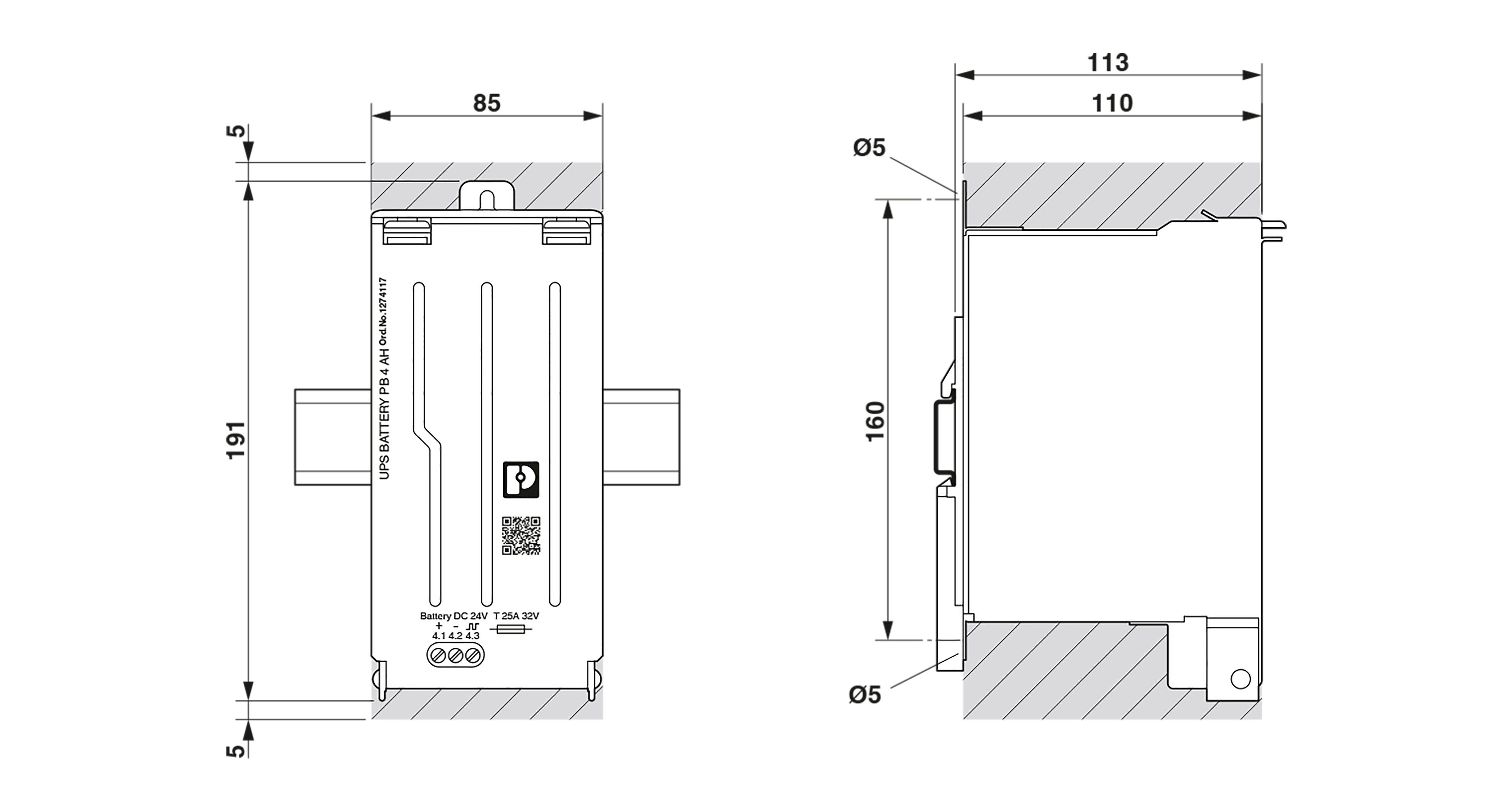 Technische Zeichnung eines elektrischen Bauteils mit Abmessungen: Breite 85 mm, Höhe 191 mm, Tiefe 113 mm.