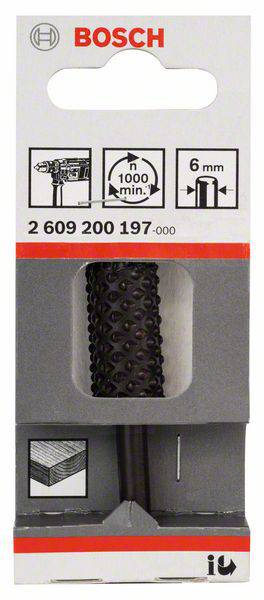'Bosch 6 mm Bohreraufsatz in Verpackung, geeignet für Metall- und Betonbohren, Drehzahl mindestens 1000 U/min empfohlen.'