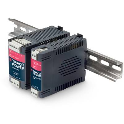 Zwei schwarze Traco Power-Komponenten auf einer Metallschiene montiert, die für elektrische Anwendungen verwendet werden.