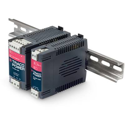 Zwei schwarze TRACO POWER-Netzteile sind auf einer Metall-Hutschiene montiert. Sie haben rote und blaue Beschriftungen und dienen zur Stromversorgung.