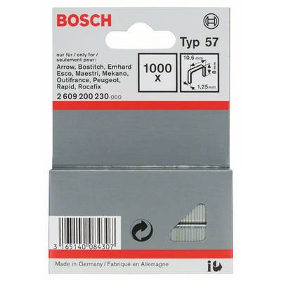 Verpackung eines Bosch Typ 57 Hefters mit 1000 Klammern. Kompatibilität: Arrow, Bostitch, Emhard, und weitere Marken.