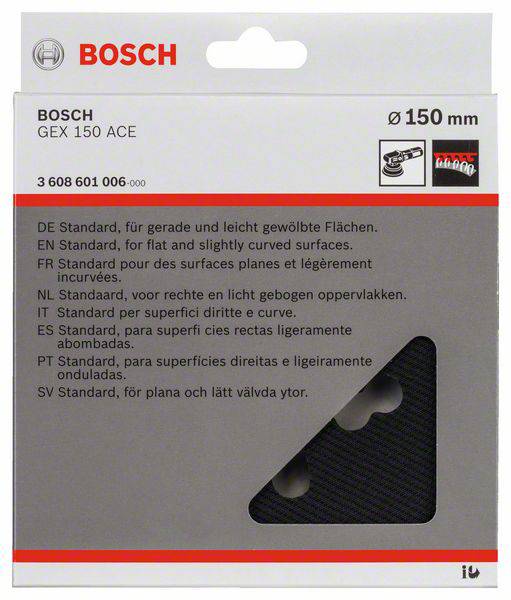 Verpackung einer Bosch Schleifscheibe, 150 mm Durchmesser, für GEX 150 ACE. Text informiert über kompatible Oberflächen.