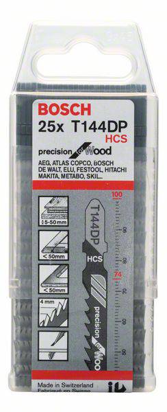 Sägeblätter von Bosch, Modell T144DP HCS, 25 Stück. Geeignet für Holz. Packung zeigt Schnittstärken und Herstellerinfos.