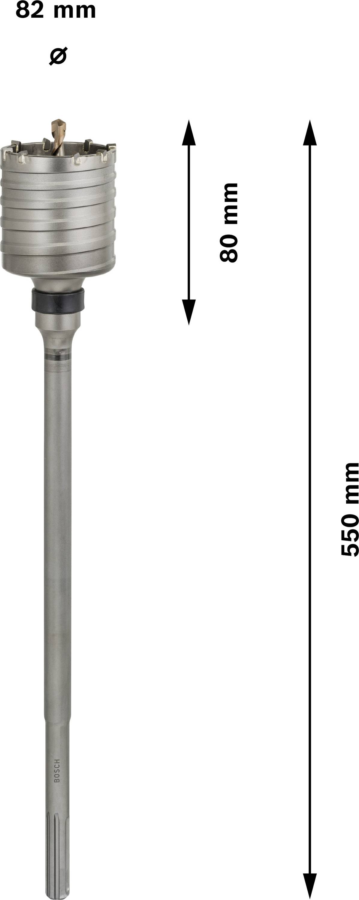 'Bohrkrone mit 82 mm Durchmesser und 550 mm Gesamtlänge, Schnittlänge 80 mm.'
