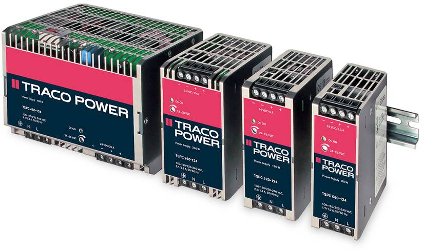 Vier TRACO POWER Stromversorgungen in verschiedenen Größen, nebeneinander angeordnet, mit rotem und schwarzem Etikett.