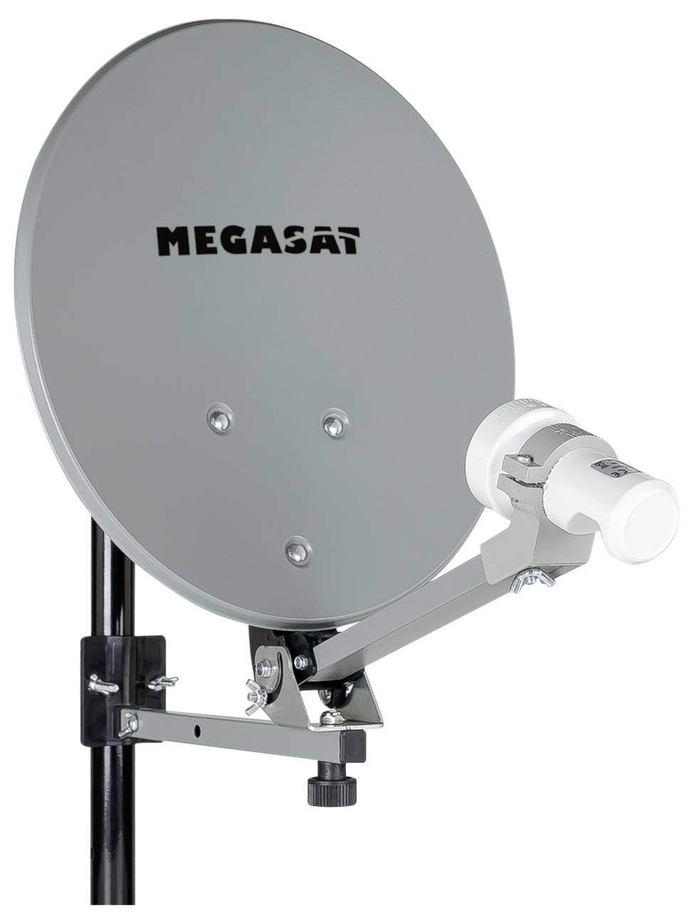 Eine graue Satellitenschüssel mit der Beschriftung "Megasat", die an einem Mast mit einer weißen LNB-Halterung montiert ist.