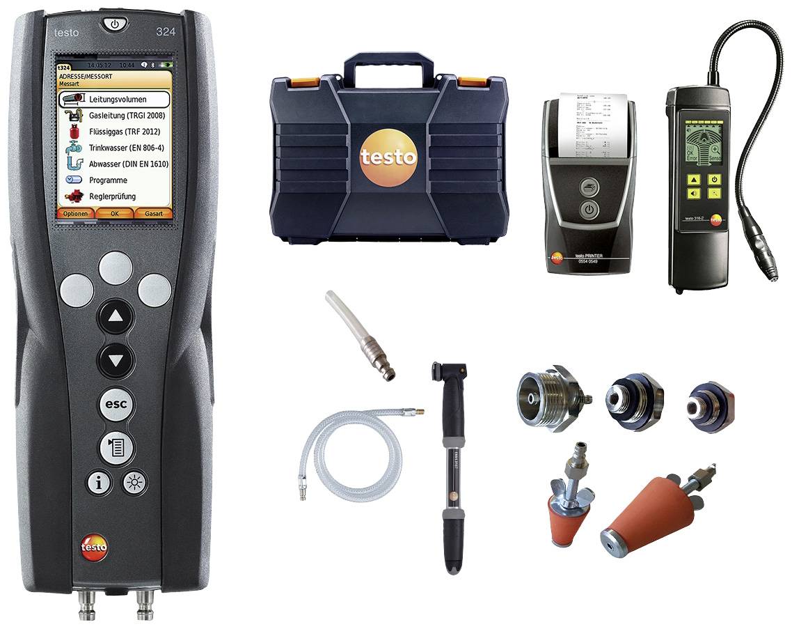 Messgerät-Set zur Abgasanalyse mit Displayanzeige, Transportkoffer, Drucker, verschiedenen Sensoren und Zubehörteilen.