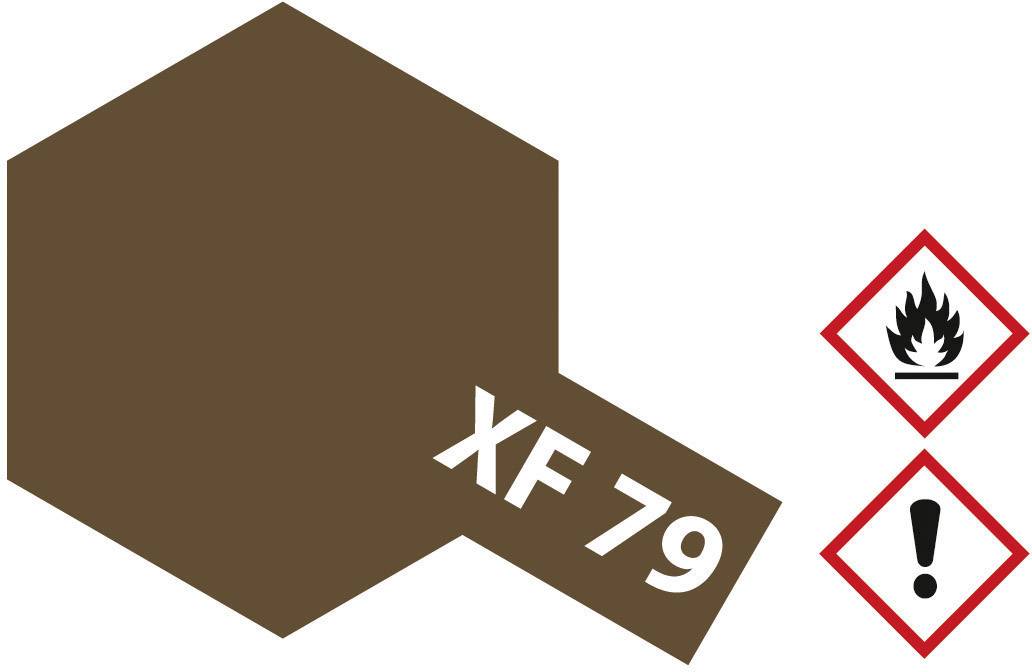 Braune Farbdose mit der Aufschrift 'XF 79'. Daneben zwei Gefahrensymbole: brennbare Substanz und Achtung.
