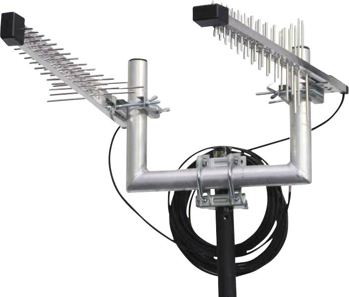 Yagi-Richtantenne mit zwei parallelen Reihen von Metallstäben, befestigt an einem Mast mit Kabel.