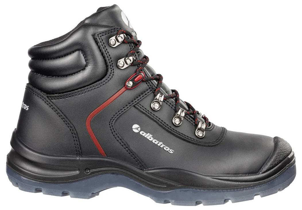 Schwarzer hoher Sicherheitsstiefel mit roten Akzenten, Schnürverschluss, gepolsterter dicker Kragen und robuste blaue Laufsohle auf weißem Hintergrund.