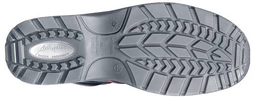 Bodenansicht einer grauen Schuhsohle mit tiefem Profil und einem ovalen "Shock Absorber"-Etikett.