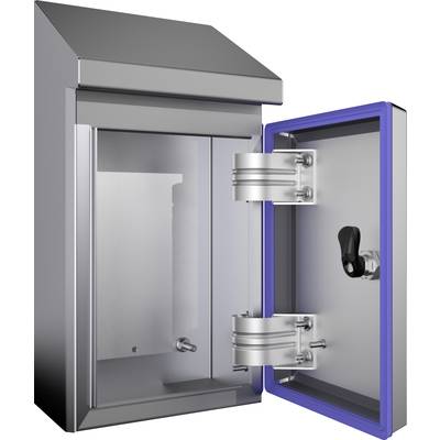 Ein geöffneter, metallischer Außenschaltschrank mit einem blauen Dichtungsgummi an der Tür und einem schwarzen Griff, montiert vor einer grauen Wand.