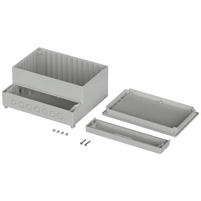 Elektronikgehäuse in Einzelteilen: Hauptgehäuse, abnehmbarer Deckel, Schrauben und Seitenblende, bereit zur Montage.