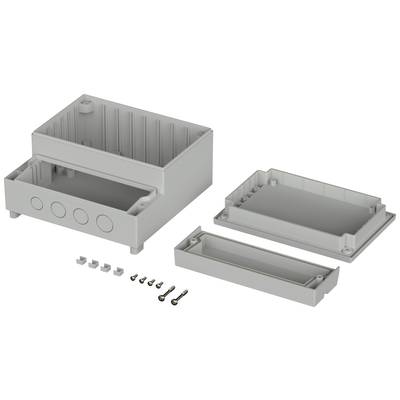 Gehäuse-Kit aus grauem Kunststoff, bestehend aus drei Hauptteilen und Zubehör wie Schrauben, zur Montage elektronischer Komponenten.