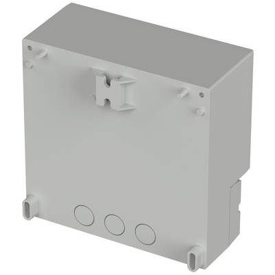 Graues elektrisches Gehäuse mit einer rechteckigen Form, Halterungen an den Seiten und drei runden Öffnungen auf einer Seite.