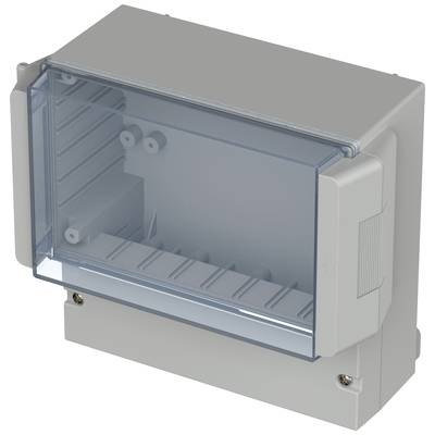 Ein graues, rechteckiges Gehäuse aus Plastik mit einem transparenten Deckel, geeignet zur Aufnahme elektrischer Komponenten.