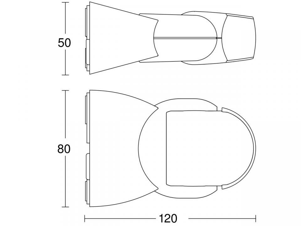Technische Zeichnung eines WC mit Maßangaben: 50 cm Breite, 80 cm Länge, 120 cm Tiefe. Ansicht von oben und seitlich.