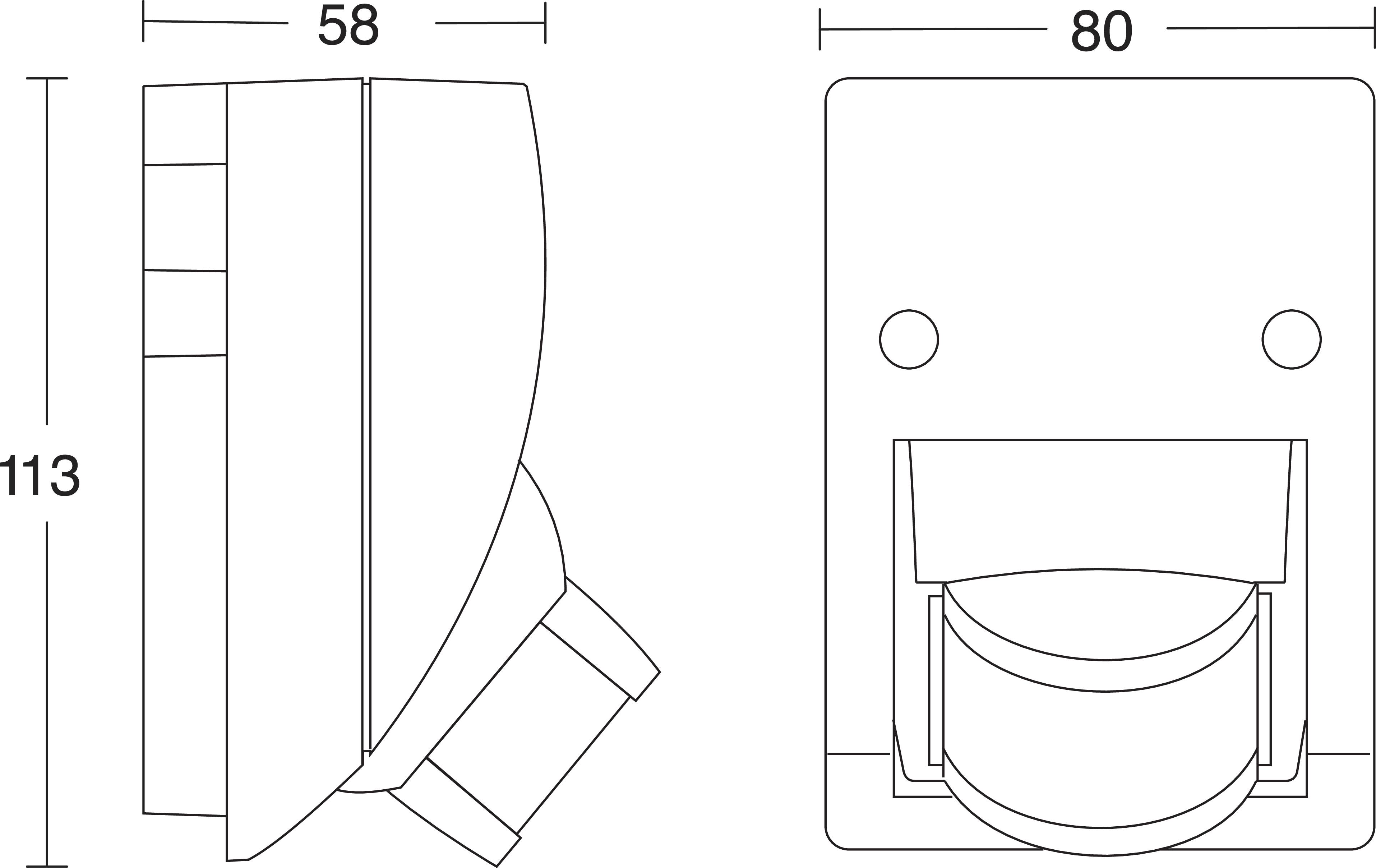Technische Zeichnung eines Geräts mit den Maßen: Höhe 113 mm, Breite 80 mm, Tiefe 58 mm. Ansicht von Seite und vorne.