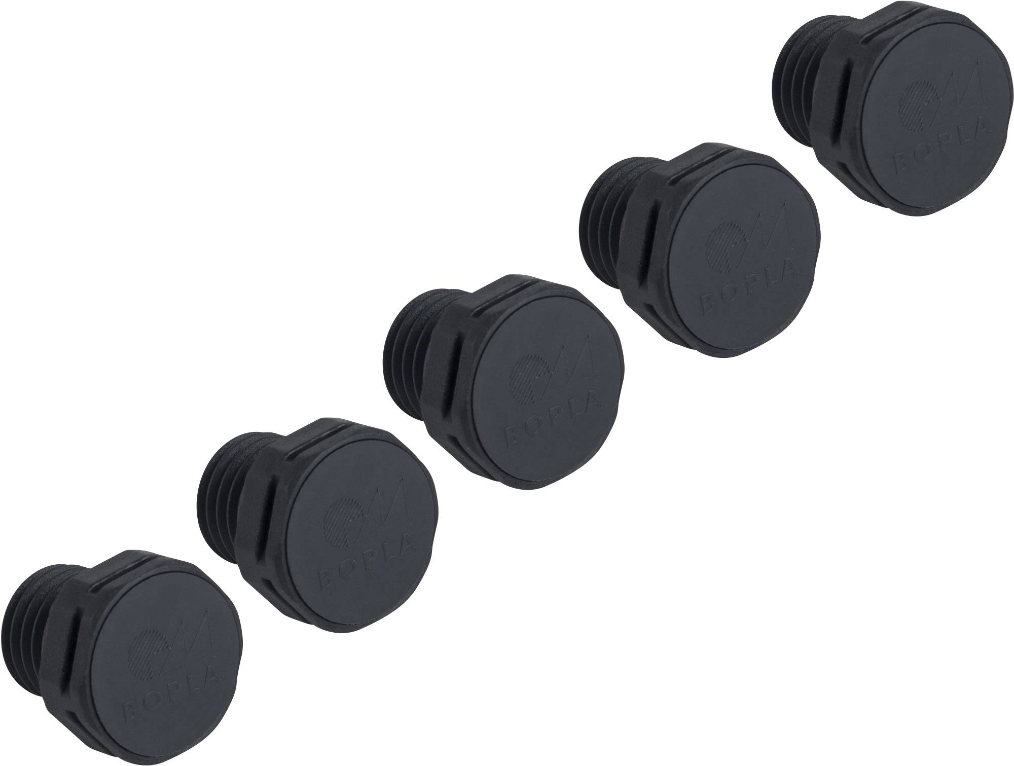 Fünf schwarze, runde Abdeckkappen aus Kunststoff, nebeneinander auf weißem Hintergrund. Sie sind für den Verschluss von Öffnungen gedacht.