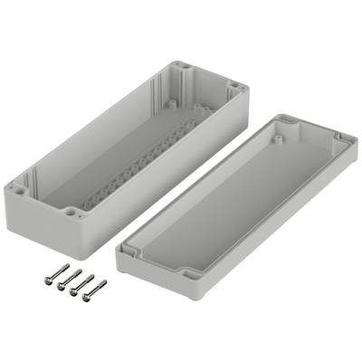 Graues rechteckiges Gehäuse mit abnehmbarem Deckel und vier Schrauben zur Montage, geeignet für elektronische Komponenten.