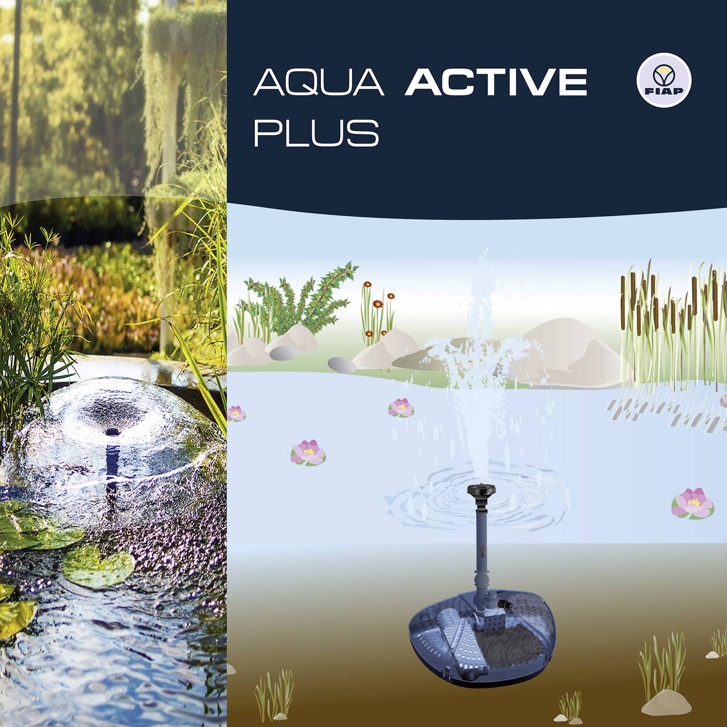 'Aqua Active Plus' Fiap-Logo, zeigt Teichlandschaft mit Sprinkler im Wasser, Pflanzen und Blumen im Hintergrund.