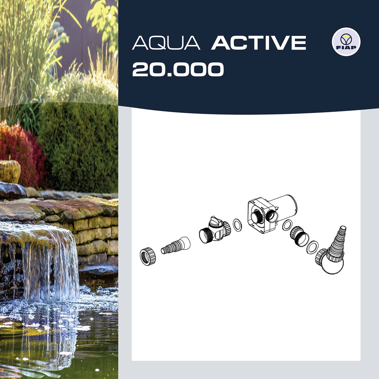 'Produktverpackung für Aqua Active 20.000, Gartenpumpe. Links: Bild eines dekorativen Wasserfalls. Rechts: Explosionszeichnung der Pumpenteile.'