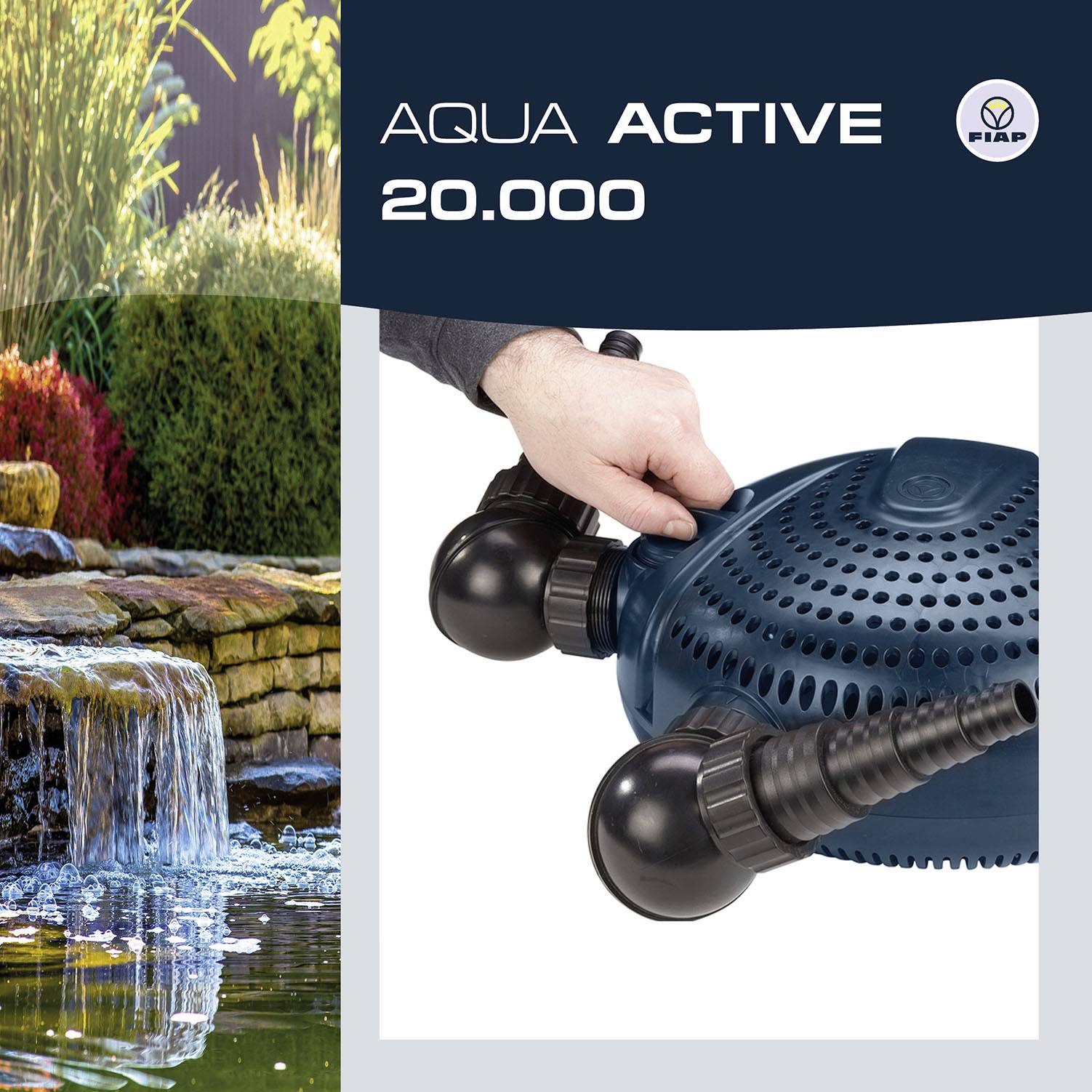 'FIAP Aqua Active 20.000' Pumpe wird von Hand gehalten. Links ein dekorativer Wasserfall fließt über Steine.