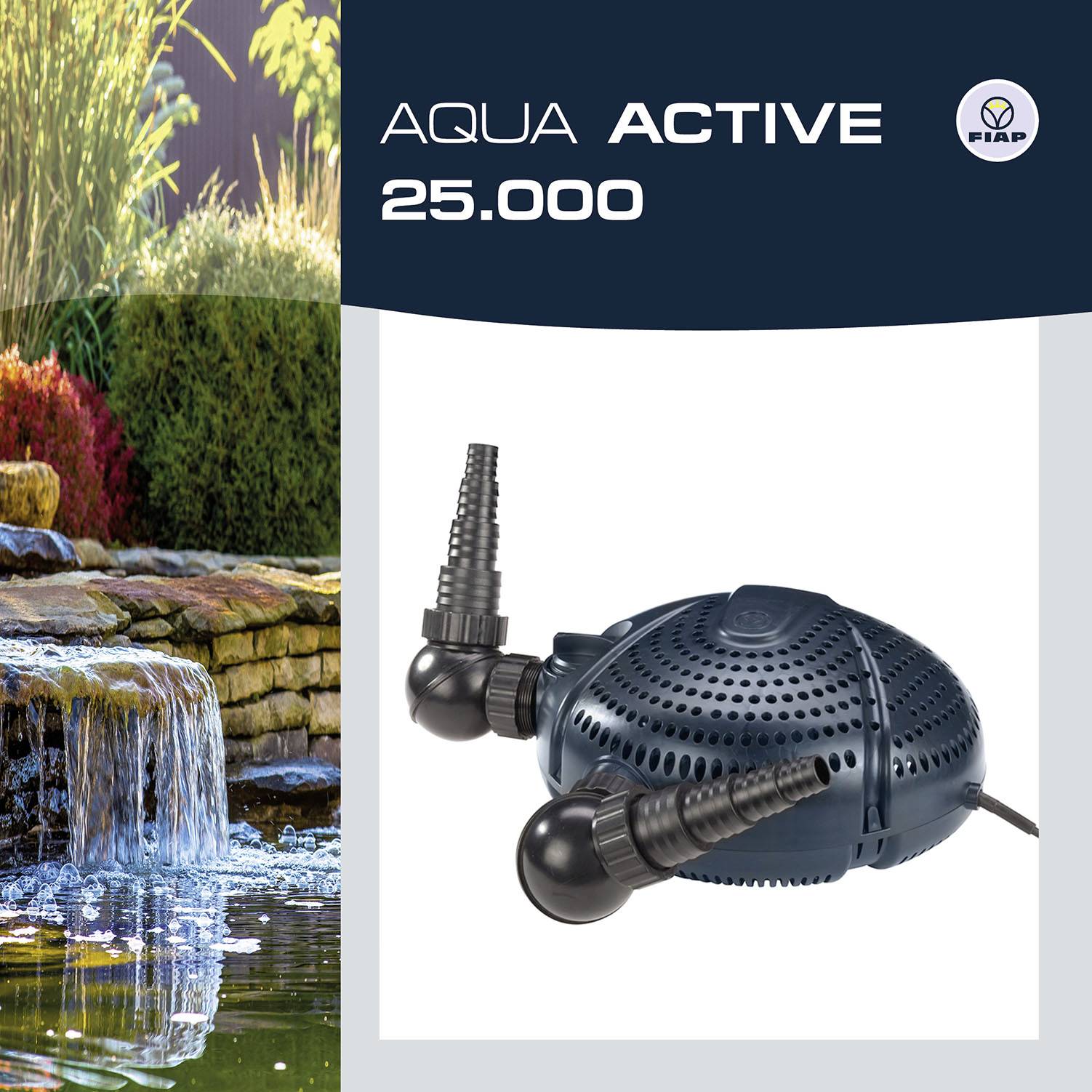'FIAP Aqua Active 25.000' Teichpumpe neben einem kleinen Wasserfall, umgeben von Pflanzen. Markenzeichen oben rechts.